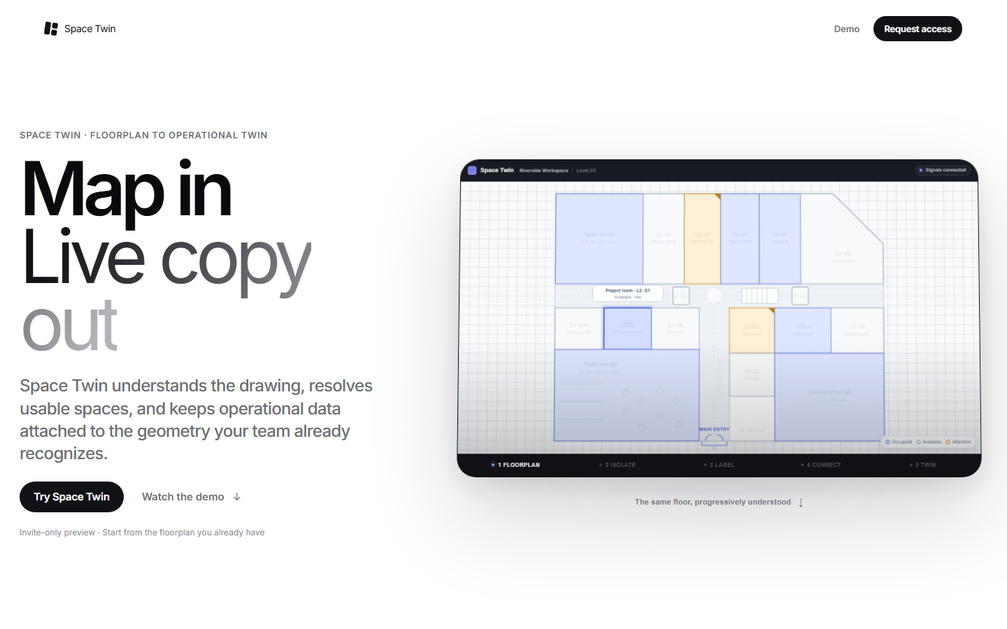 Space Twin product demo showing a floorplan becoming an operational digital twin